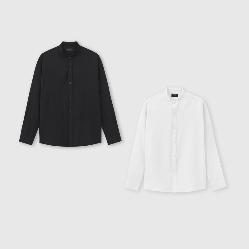 Áo sơ mi nam ROWAY vải đũi thoáng mát form regular | dài tay cổ trụ