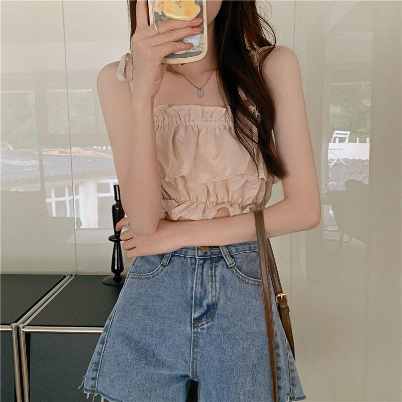 Product Introduction of Women's 2023 New Summer Tank Top with Ruffle Edge Strap Top High Waist Sleeveless Bra and Open Umbilical Top Womenswear Tube Lingerie Comfort Basic Minimalist Spaghetti Strap 11