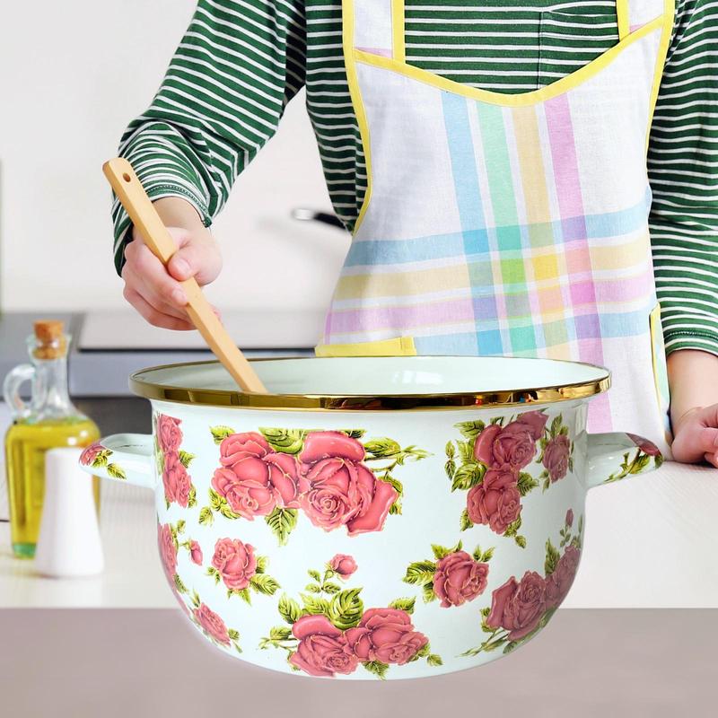 Rose Pattern Enamel Pot with Lid & Handle, 1 Count Vintage Style Flower Pattern Pot, Kitchen Cookware for Home Use, Kitchen Accessories 3