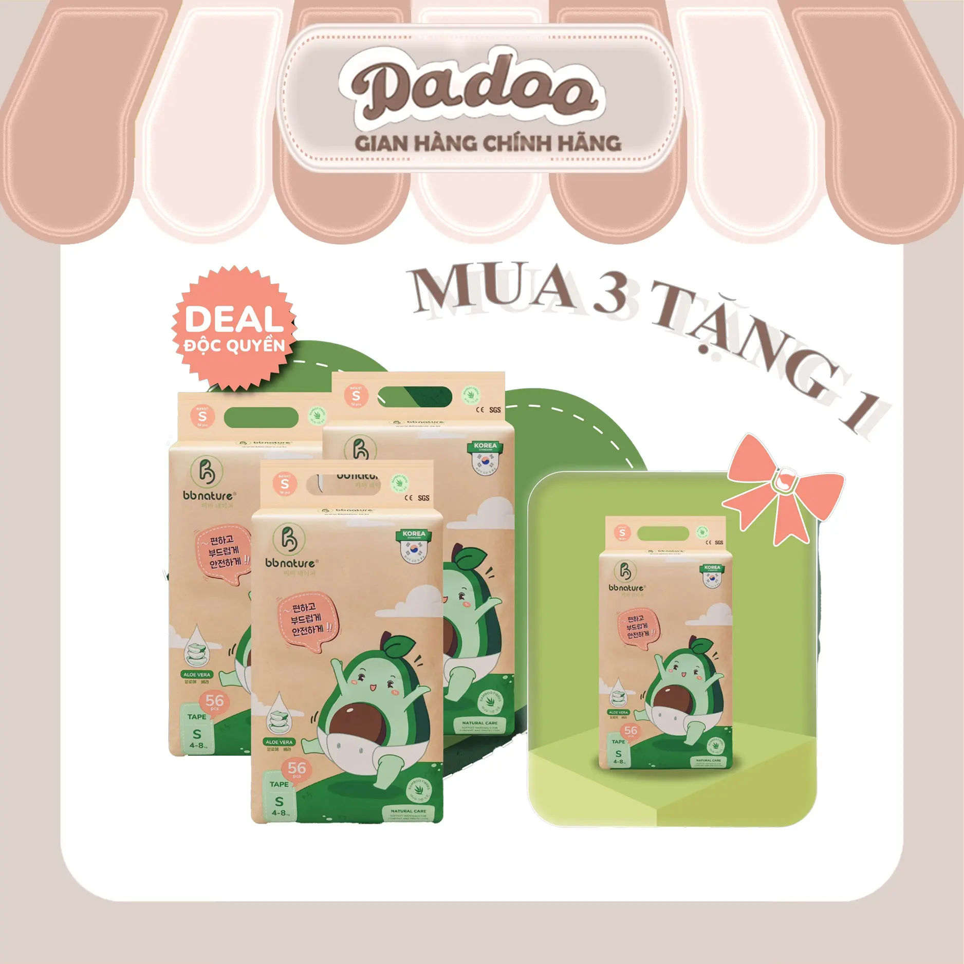 [ BB NATURE ] COMBO 3 Bịch Bỉm Tặng 1 Bịch Bỉm Tinh Chất Bơ Hạt Mỡ Được Mix Size 5%