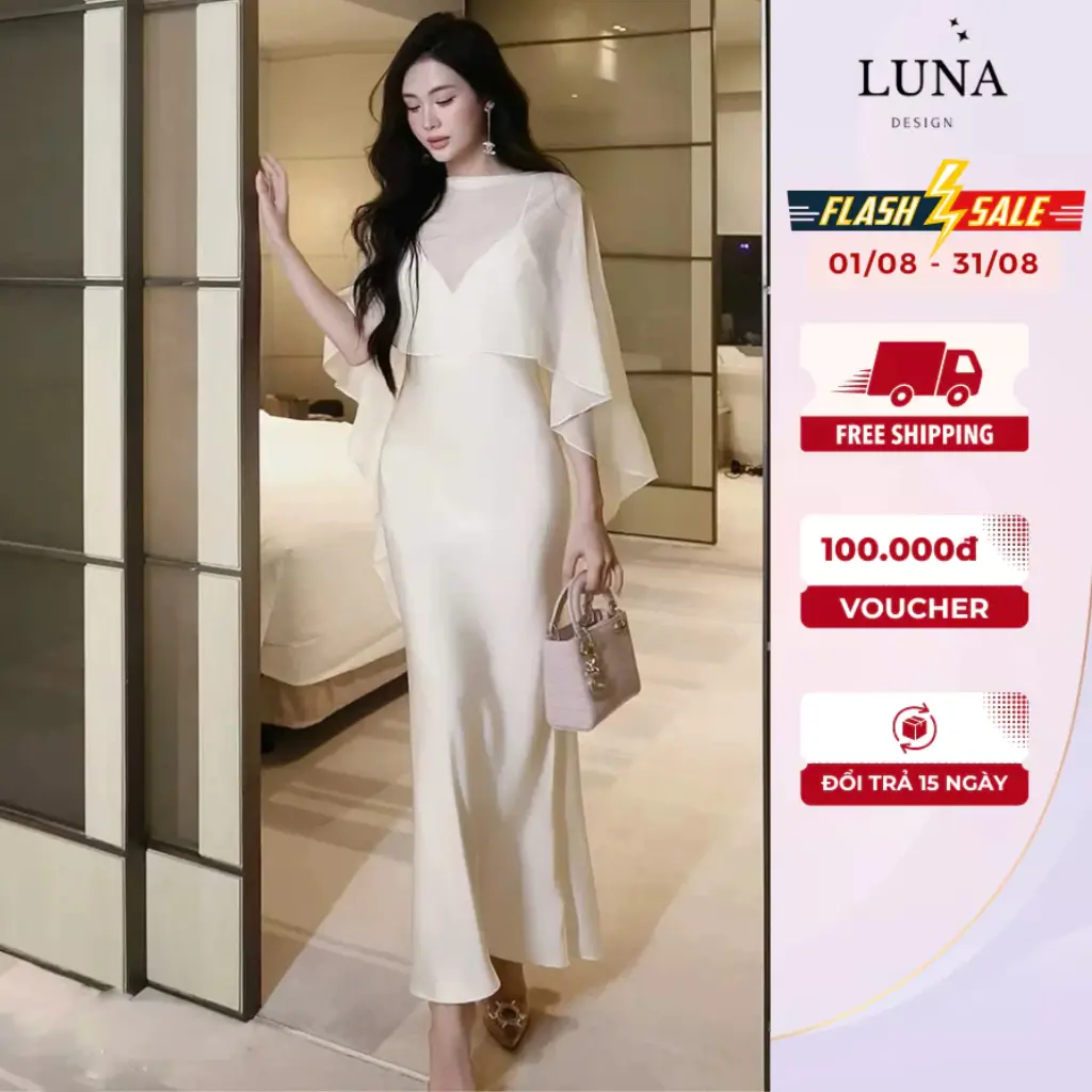 Set Đồ Nàng Thơ Luna Design Váy Lụa Vân Hai Dây Cổ V Có Đệm Ngực Phối Khăn Tơ Choàng Ngoài Đi Tiệc Dạo Phố Sang Chảnh