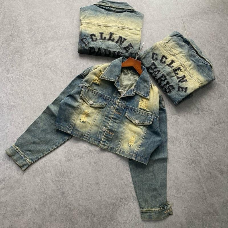 Áo Khoác Jean Nữ Dáng Ngắn Màu Rêu Bụi Thêu Sau Lưng CCLIN