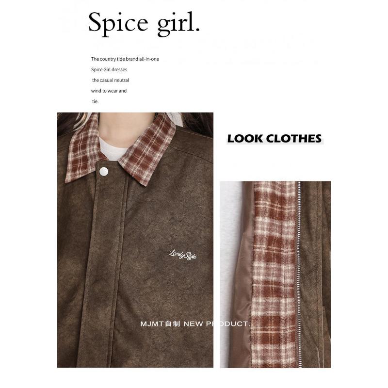Product Introduction of American Retro Spliced plaid Lapel Jacket For Women In Autumn New Loose Bf Trendy Brand Baseball Uniform Pu Leather Jacket 23