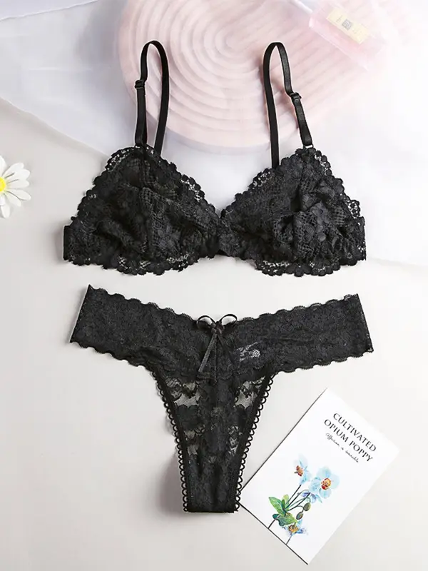 Women's Solid Color Lace Bra & Panty Two-piece Set, Comfy Breathable Wireless Bra & Panty Set, Lingerie Set for Women 4