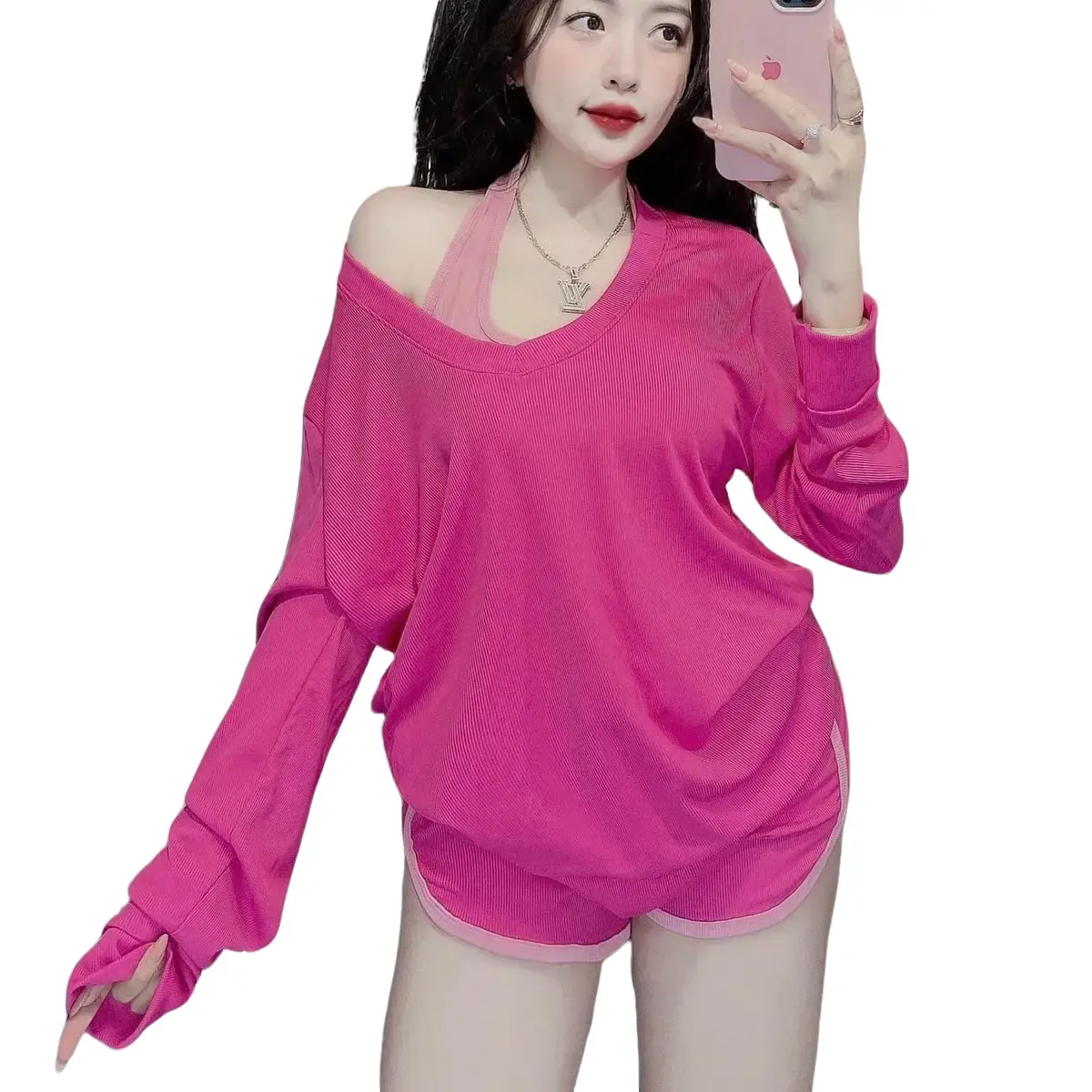 Sét bộ 3 món áo tay dài quần đùi chính chủ hình thật dưới 58kg Nữ Women Top Thun Tre Nhung