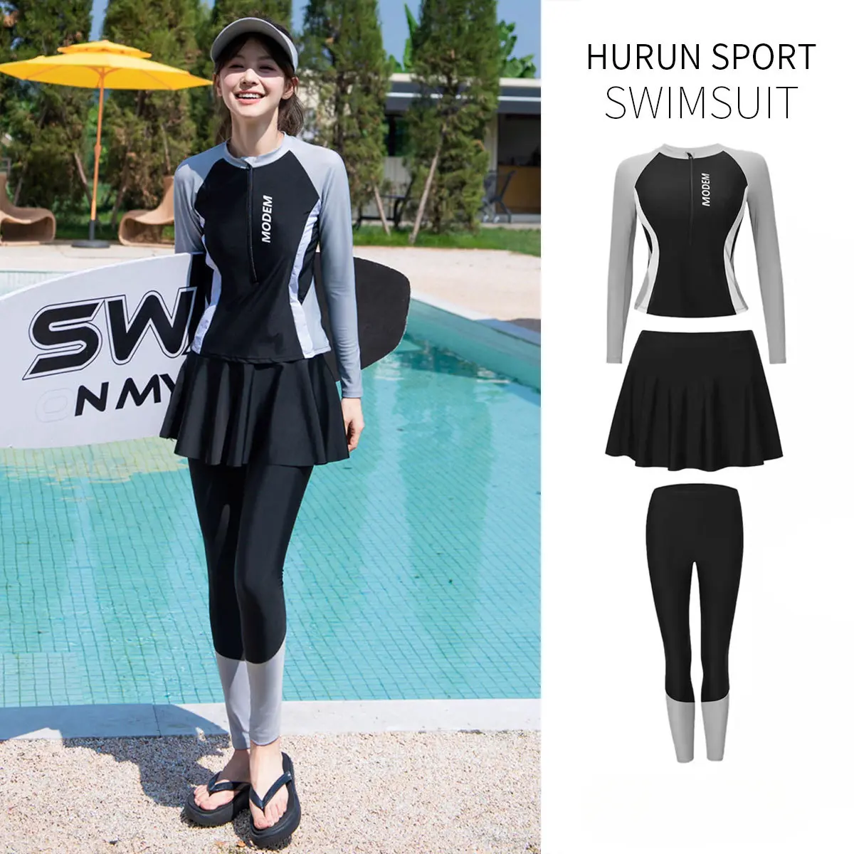 Baju Renang Wanita, Sut Perlindungan Matahari Berenang Tiga helai, Gaya Konservatif, Sut Surf Dua helai Lengan Panjang dan Seluar Panjang, Termasuk Pakaian Basah