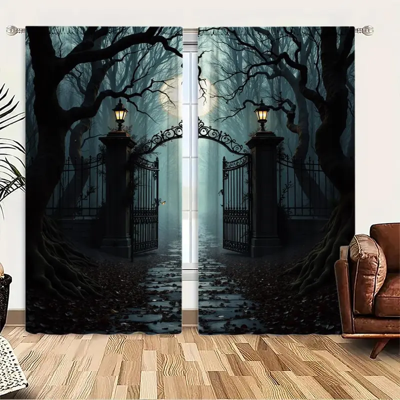 Moonlight Forest Pattern Door Curtain, 1 Set Halloween Themed Door Curtain, Home Decor for Living Room Bedroom, Vanity Decor Accessories 5
