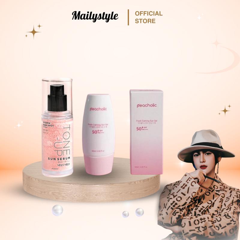 S101_ Combo 1 chai Serum chống nắng Tone-Up Sun Serum Vely Vely 30ml A213 + 1 Tuýp Kem Chống Nắng Nâng Tone Fresh Calming Sun Gel Peacholic SPF 50+ PA++++ 60ML M37