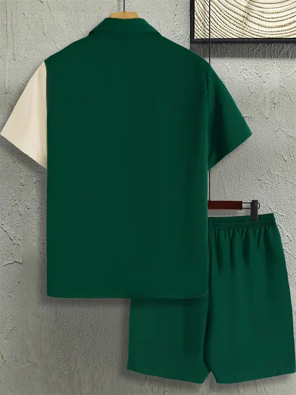 Men's Colorblock Striped Print Shirt & Pajama Shorts Loungewear Two-piece Set, Regular Fit Casual Comfy Short Sleeve Collared Top & Shorts Pj Set, Men's Sleepwear for Summer 1