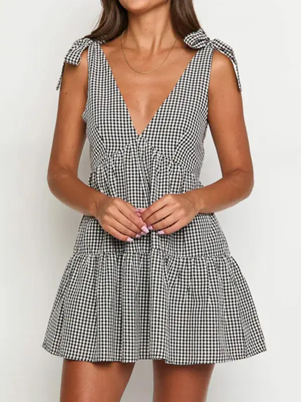 Women's Plaid Print Bow Decor Tie Shoulder Sleeveless Dress, Casual Fashion Gingham Dress for Daily Holiday Vacation Wear, Ladies Dress for Summer, Going Out Dresses, Womenswear, Casual Classy Dress, 8
