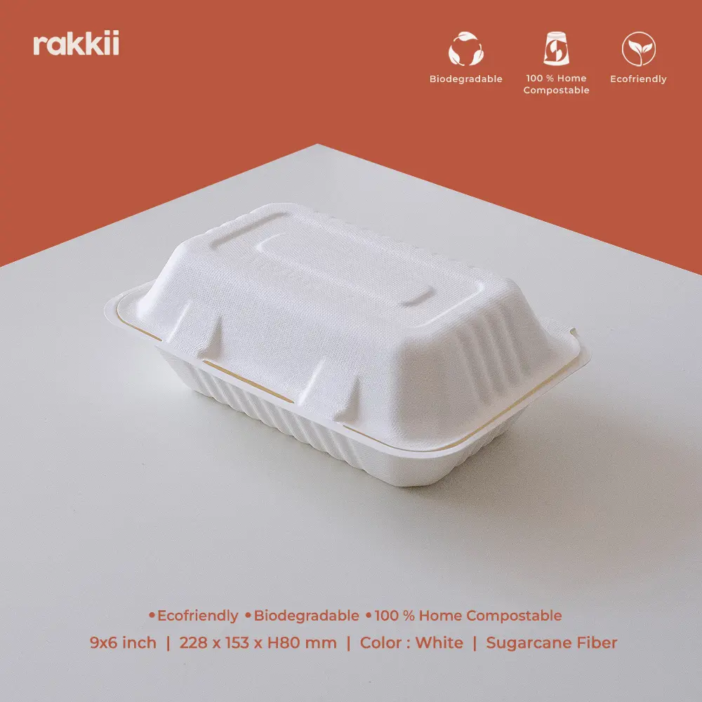 Rakkii - [10 pcs] Bagasse Kotak Makan Bekal Pesta Box 900ml White 9*6*3" Clamshell Lunch Box