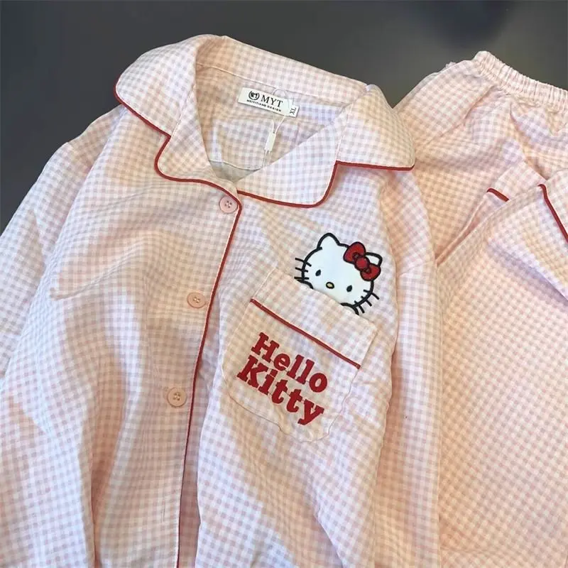Bộ Đồ Ngủ Hello Kitty, Phong Cách Hàn Quốc, Dễ Thương, Dành Cho Nữ, Bộ Quần Dài Áo Dài Tay Và Quần Dài, Bộ Đồ Mặc Ở Nhà Kẻ Sọc Đơn Giản Nhật Bản, Thích Hợp Cho Mùa Xuân Và Mùa Hè 3
