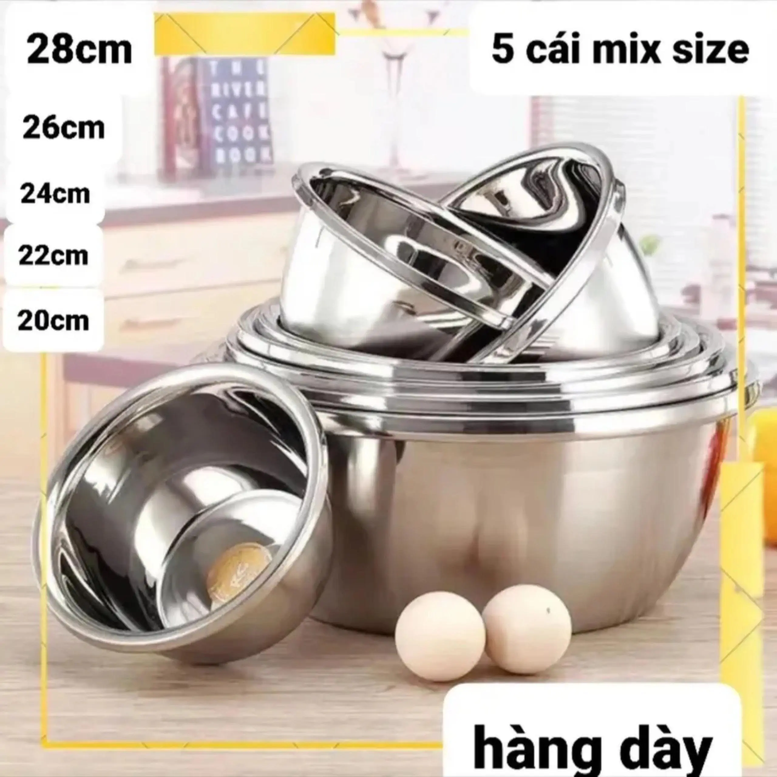 [ Tặng 5 Miếng Rửa Bát Kim Loại ] Combo 5 Thau Inox 304 Đủ Size Loại Dày Bóng Đẹp , Rửa Rau Củ Tiện Lợi Trong Mọi Nhà Bếp [ 20cm-22cm-24cm-26cm-28cm ]