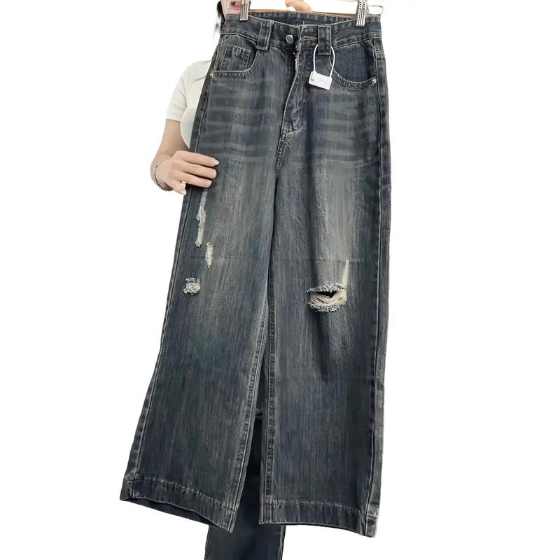 (95CM)- Quần Jean Nữ Ong Suông Trơn Rách Nhẹ ,  Đủ Size S/M/L - Women Pants Voi quần  jeans  Kem 0