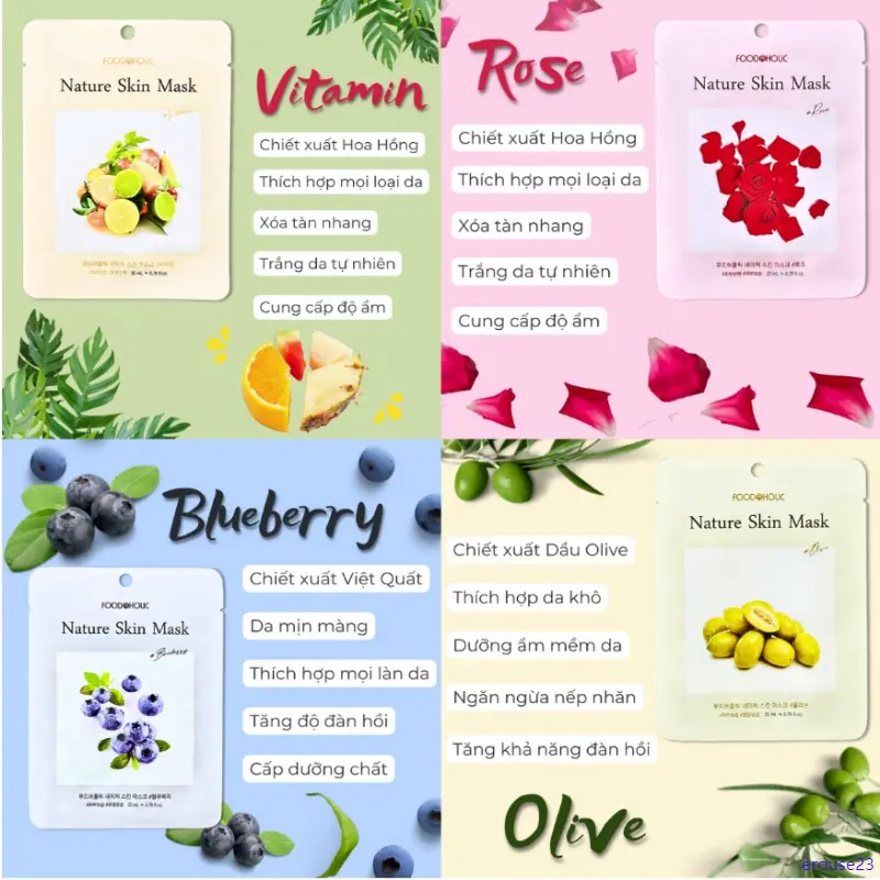 erouse23 Mặt Nạ Thiên Nhiên Dưỡng Ẩm Giảm Mụn Trắng Da 3D Foodaholic Nature Skin Mask 23g