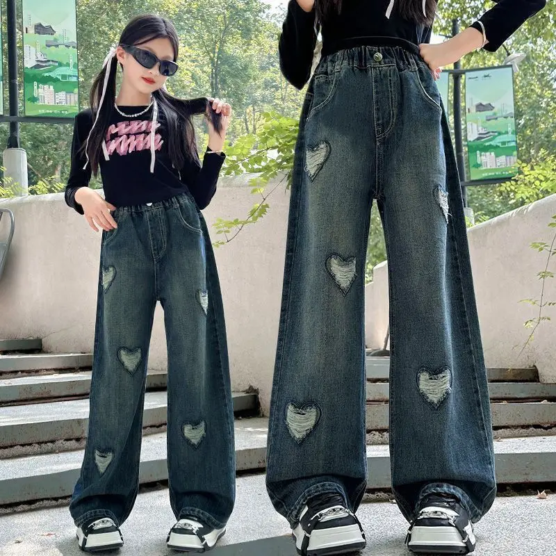 Girls' Jeans Spring-Autumn Wide-Leg Pants 2024 New Autumn Middle and Big Children Loose Western Style Children's Pants