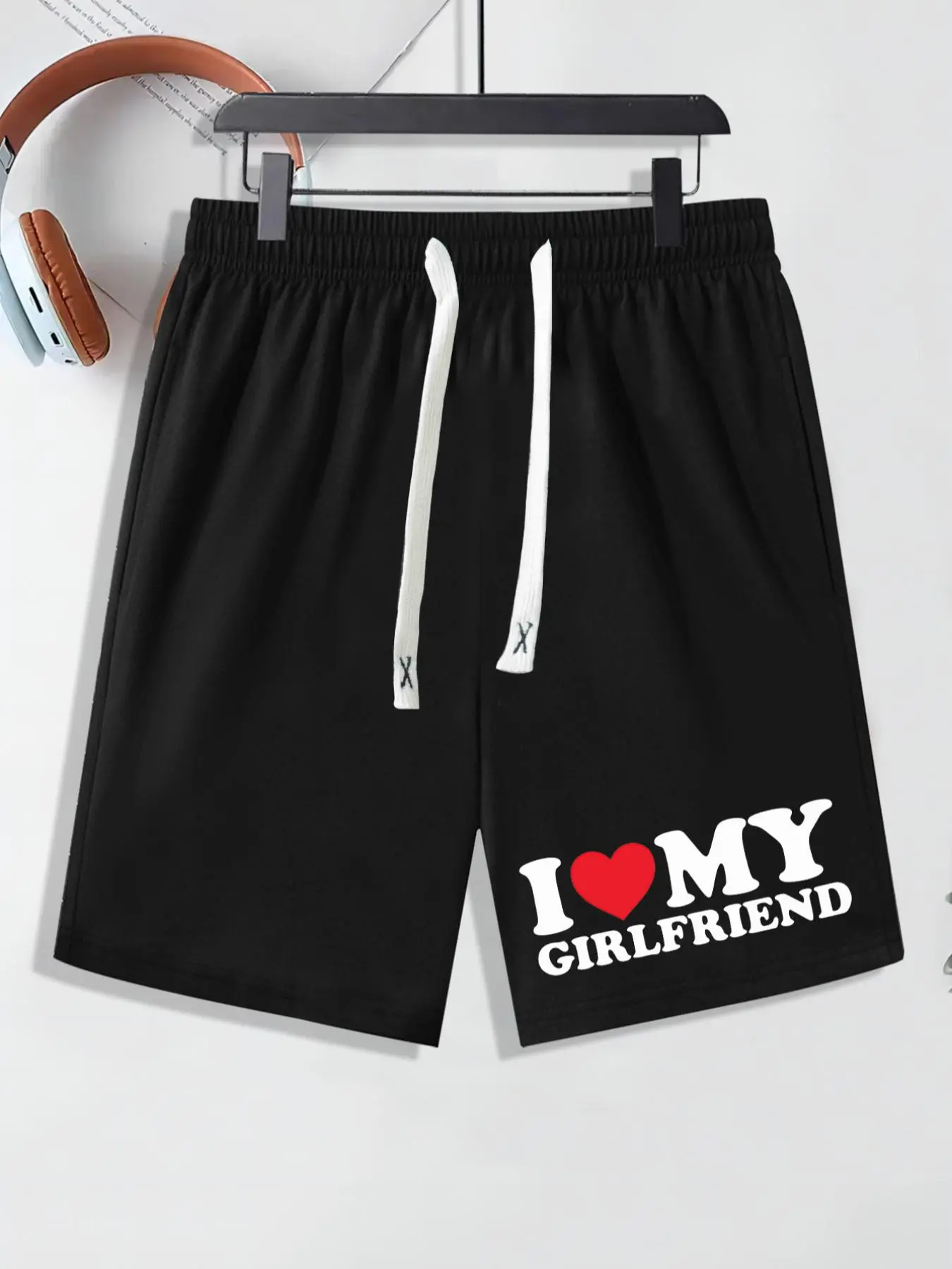 Men's Regular Fit "I LOVE MY GIRLFRIEND" Letter & Heart Print Drawstring Waist Shorts, Casual Elastic Waist Pocket Straight Leg Shorts for Summer, Valentine's Day Gift, Breathable Comfortable Men's Bottoms for Daily Wear