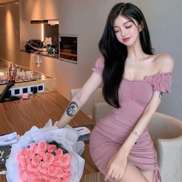 Product Introduction of Off-Shoulder Puff Sleeve Dress for Women, New Drawstring Design, Unique Style, Pink Strap Dress with Chic Girl's Temperament 3