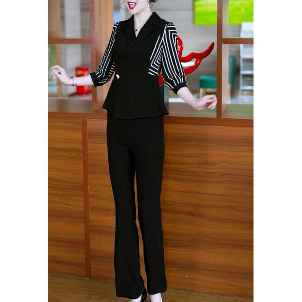 [clearance]FADFAD Setelan wanita atasan lengan tiga perempat dengan erah v neck dan celana panjang warna solid gaya casual