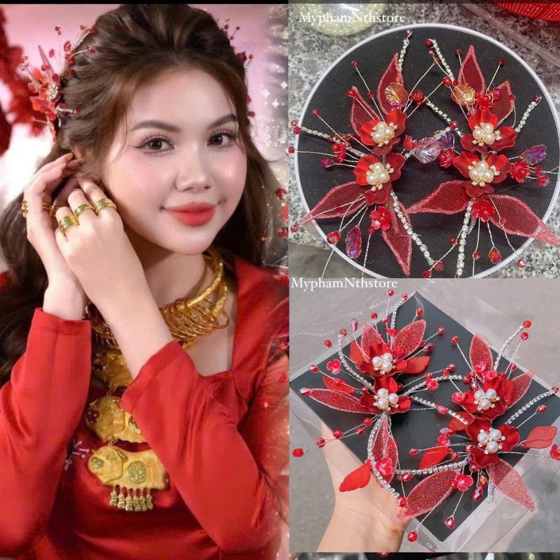 Hoa cài tóc cô dâu màu đỏ, phụ kiện cài tóc cô dâu ngày ăn hỏi-ngày cưới 1