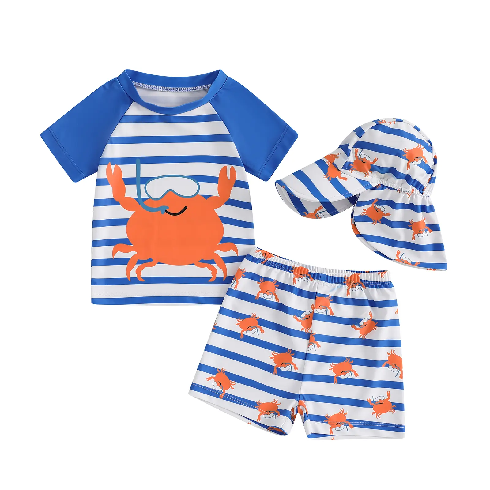 Boys Rash Guard Swim Set, Stripes Crab Print Short Sleeve T-shirt with Shorts and Hat Swimwear