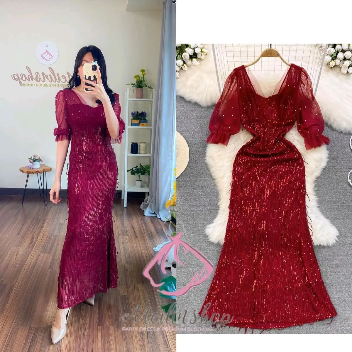 Lace Pearl Sequin Longdress Pesta Formal Wanita Gold/Hitam/Maroon
