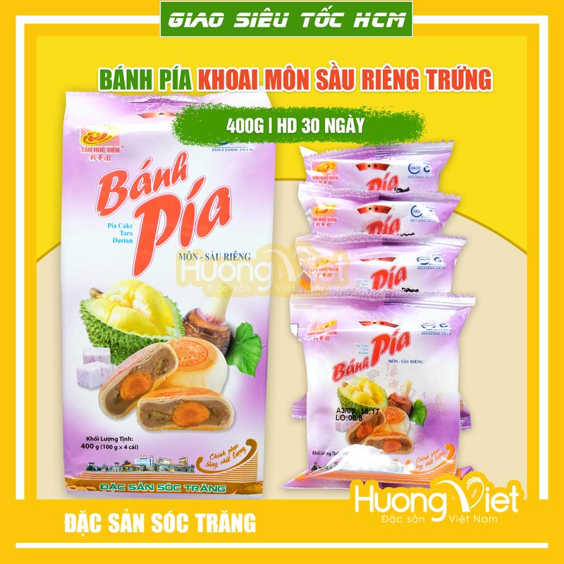 Bánh pía Tân Huê Viên Khoai Môn Sầu Riêng 400gr, gói 4 bánh, đặc sản miền Tây làm quà biếu, bánh Trung Thu, bánh kẹo Tết, đồ ăn vặt Hương Việt Mart