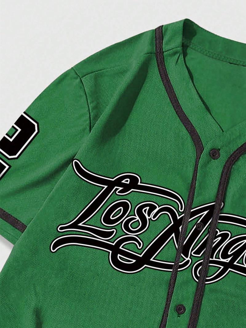 Product Introduction of Men's Letter Print Short Sleeve Baseball Jersey, Regular Fit Casual Sporty Button Design Baseball Top for Summer, Men's Clothes for Beach Vacation 3