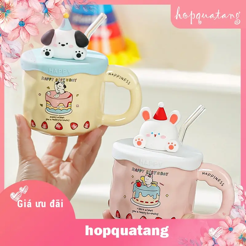 Cốc Sứ Cốc Uống Nước Nắp Hình Thỏ Gấu Sáng Tạo Kèm Hộp Quà Làm Quà Tặng Sinh Nhật 3