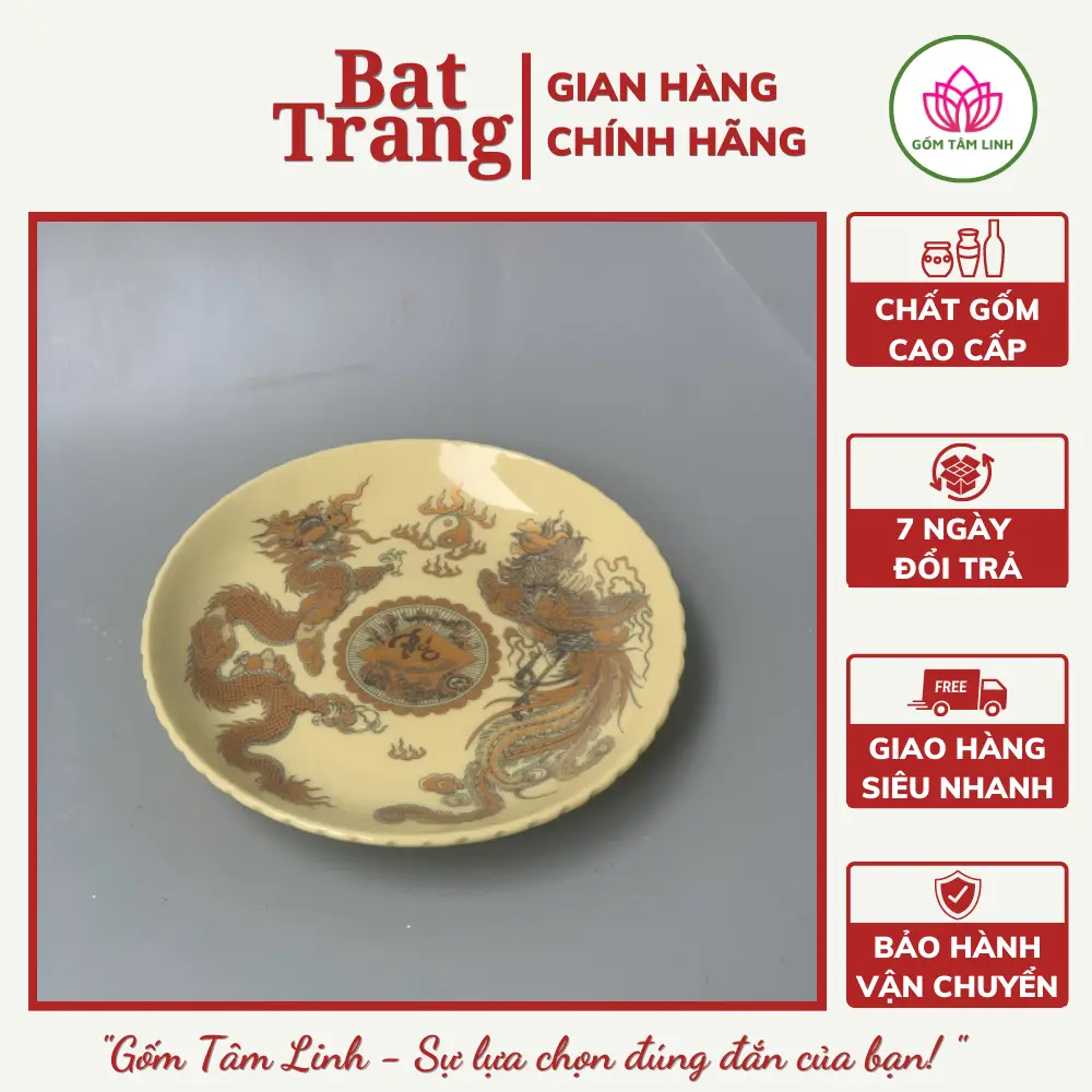 Đĩa thờ cúng, đĩa đựng trầu, đĩa đựng cau, đĩa xin đài âm dương men vàng cao cấp Bát Tràng