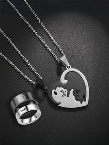 Conjunto de Joyería con Diseño de Gato Lindo, Collar con Colgante, Anillo y Pulsera, Joyería de Acero Inoxidable para Mujeres y Hombres, Joyería Moderna y Exquisita para Regalo de Cumpleaños