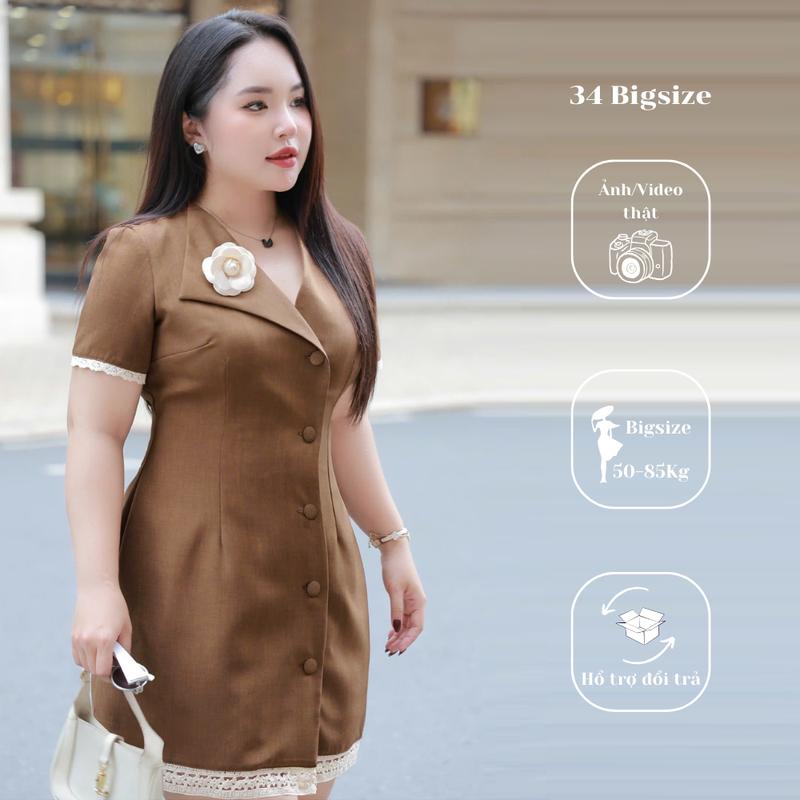 Đầm vạt xéo 34DA043 34 Bigsize đầm ngăn bigsize cổ gắn hoa tay ngắn phù hợp đi chơi đi tiệc