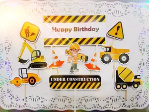 Topper Cake Konstruksi / Excavator (Gratis Custom Nama) untuk Dekorasi / Hiasan Kue Karakter Ulangtahun / Ultah Anak Kertas