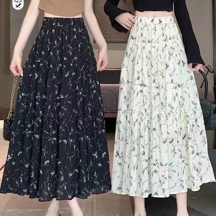 Chân váy xoè dáng dài , hoa nhí , dài 85 cm , Nữ Women Voan nhăn bông maxi