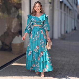 Baju Bercetak, Fesyen Baru, Pendulum Besar, Set Pakaian Tepi Ruffle