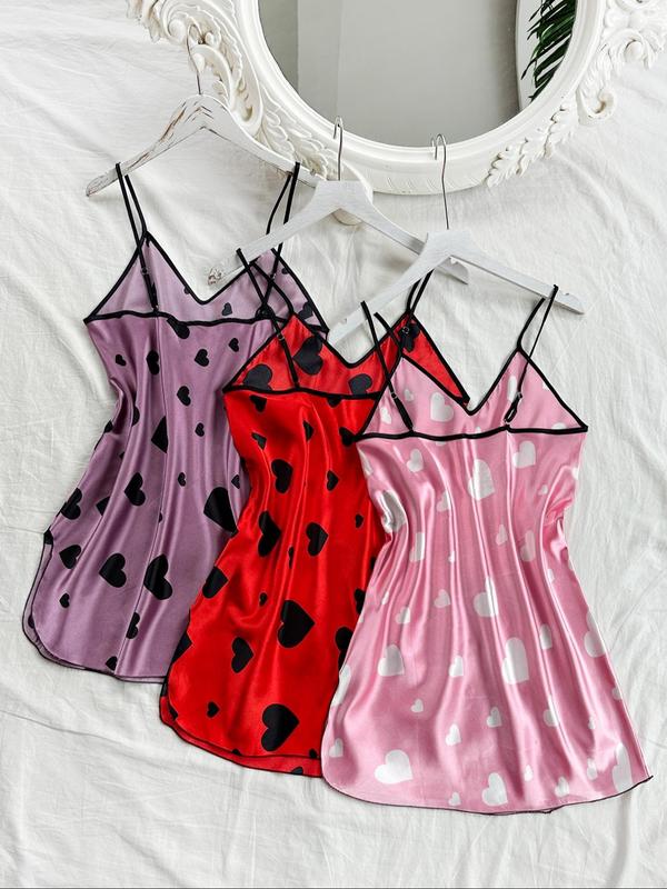 Women's Heart Print Contrast Binding Cami Nightdress, Casual Silky Soft Comfortable Adjustable Spaghetti Strap Nightgown, Dresses for Women, Ladies Sleepwear for All Seasons 3