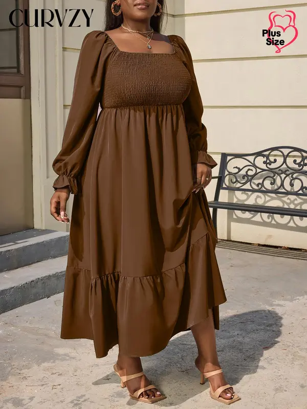 CURVZY Plus Size Plain Shirred Ruffle Hem Autumn Aesthetic Milkmaid Flounce Sleeve Dress, Plus Casual Square Neck Long Sleeve A Line Dress for Daily Wear, Fall & Winter Clothes, Casual Dresses 4
