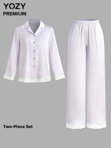 YOZY Women's Contrast Lace Button Front Shirt & Wide Leg Pants Satin Pajama Two-piece Set, Casual Long Sleeve Top & Trousers Pajama Set, Women's Sleepwear for Spring & Fall