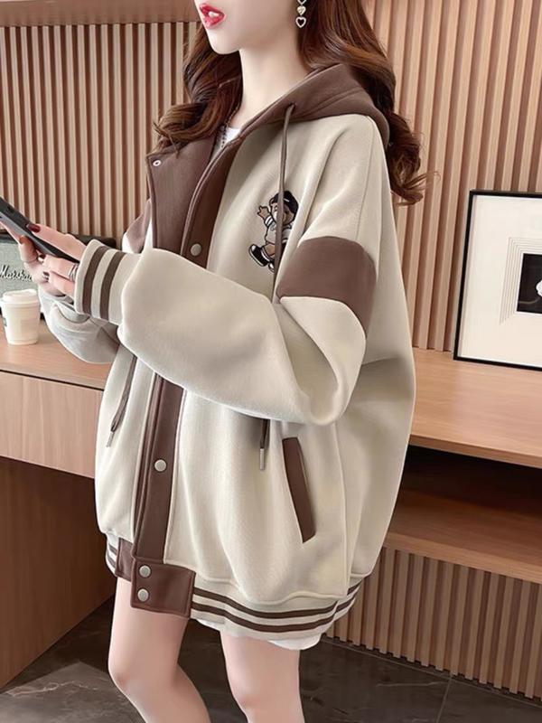ÁO KHOÁC HOODIE NỮ PHỐI NÓN MÀU VIỀN ĐÓNG NÚT THÊU HOẠ TIẾT SÀNH ĐIỆU THỜI TRANG Women Top Jacket Nâu