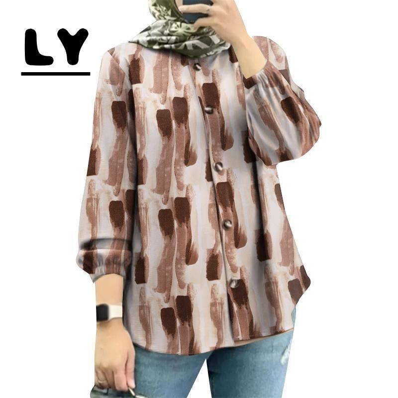 Product Introduction of New 2025baju Women's Muslim Button Lantern Sleeve Round Neck Printed Shirt 24