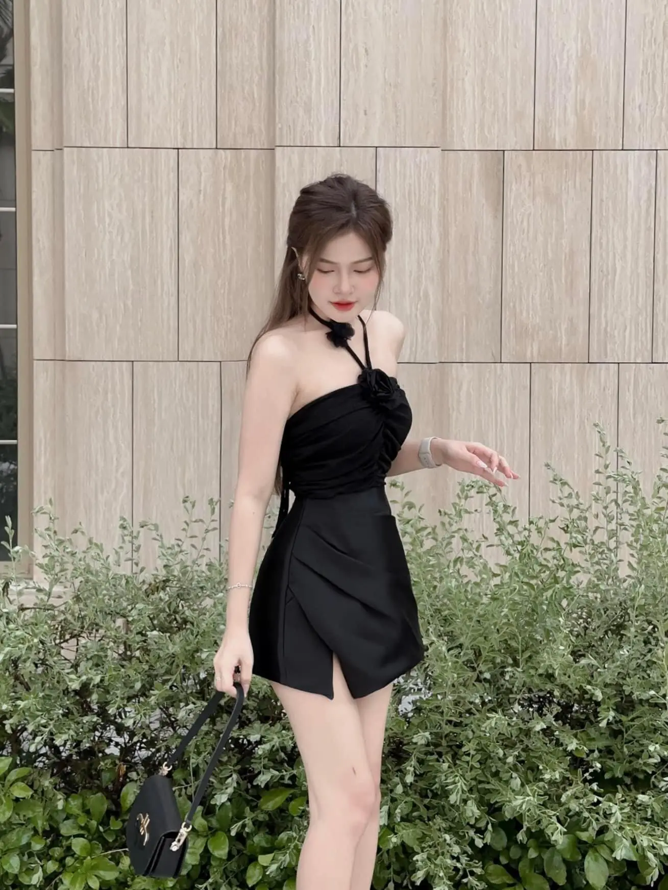 Đầm váy nữ vạt váy áo nhún bông hồng sang chảnh Teddy Dress Denim Khuy Trắng Kem Women Đen