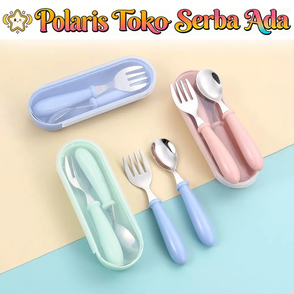 Polaris Toko Serba Ada Set Sendok Garpu Anak H1040 Stainless Steel 2 IN 1 Warna Pastel Cantik dengan Box Penyimpanan Praktis Bahan Aman dan Higienis