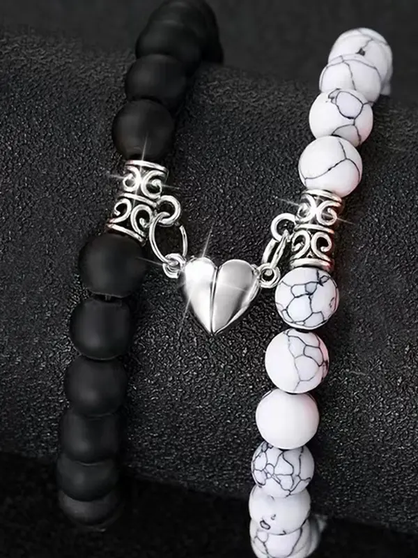 Couple Magnetic Heart Charm Beaded Bracelet, Fashionable Jewelry for Women & Men, Trendy All-match & Exquisite Jewelry for Birthday Gift, Valentine's Day, Gift 2