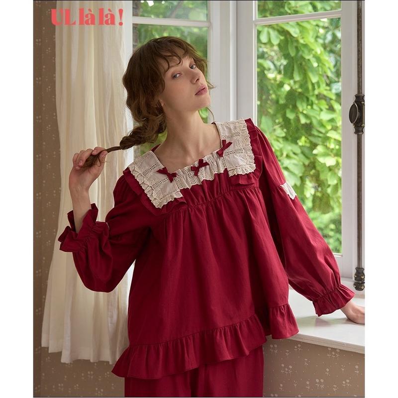   CHÍNH HÃNG  Bộ ngủ đỏ đô diềm nơ ULLALA Authentic cho nữ - Women 