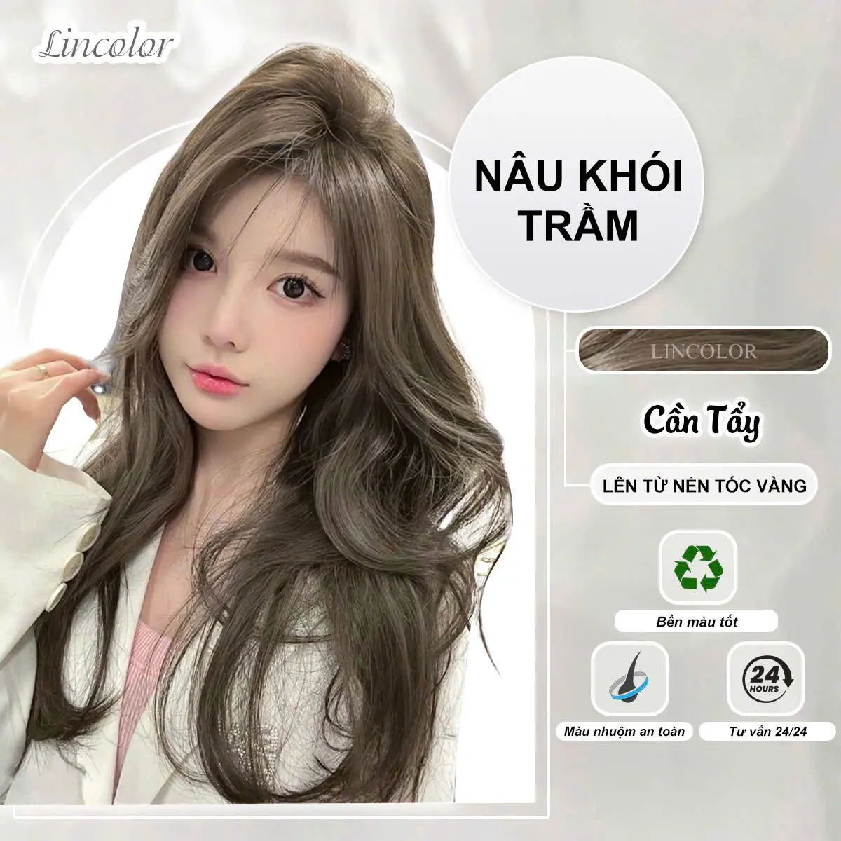 Thuốc nhuộm tóc màu NÂU KHÓI TRẦM, LIN_COLOR, tặng kèm oxy trợ dưỡng và bao tay, mũ trùm, bịt tai đổi màu tóc Nhuộm Tóc Women