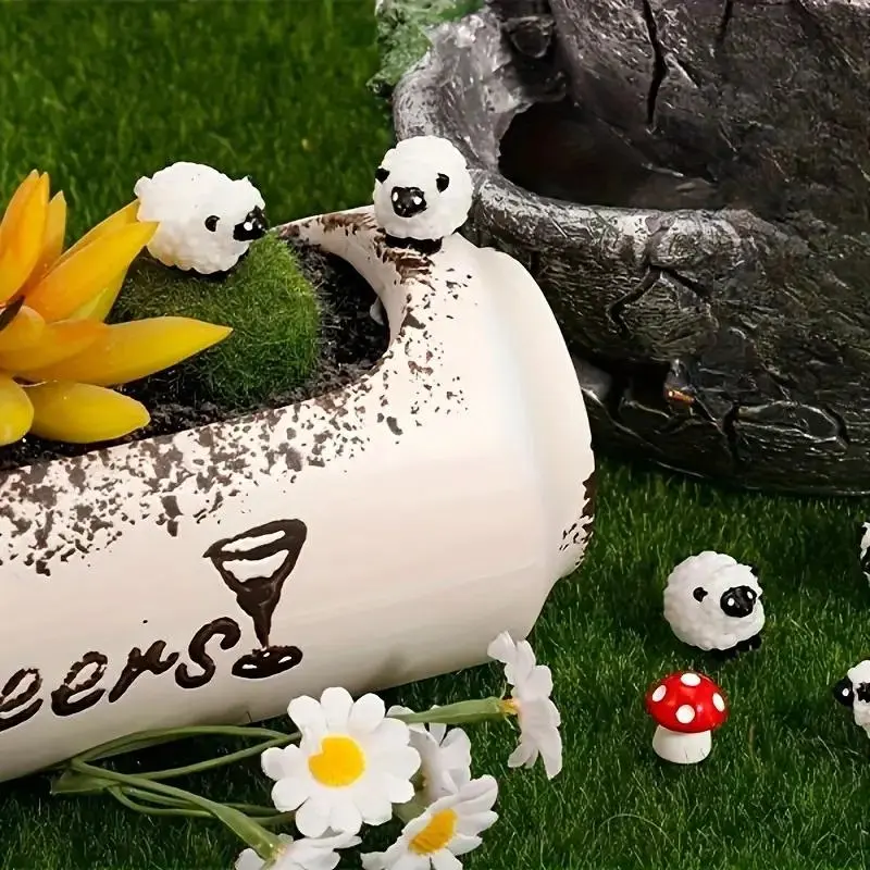 Mini Sheep Design Resin Figurines, 10pcs Cute Little Figurines, Fairy Outdoor Moss Ornaments, Landscape Figurines, Garden DIY Ornament Accessories 1