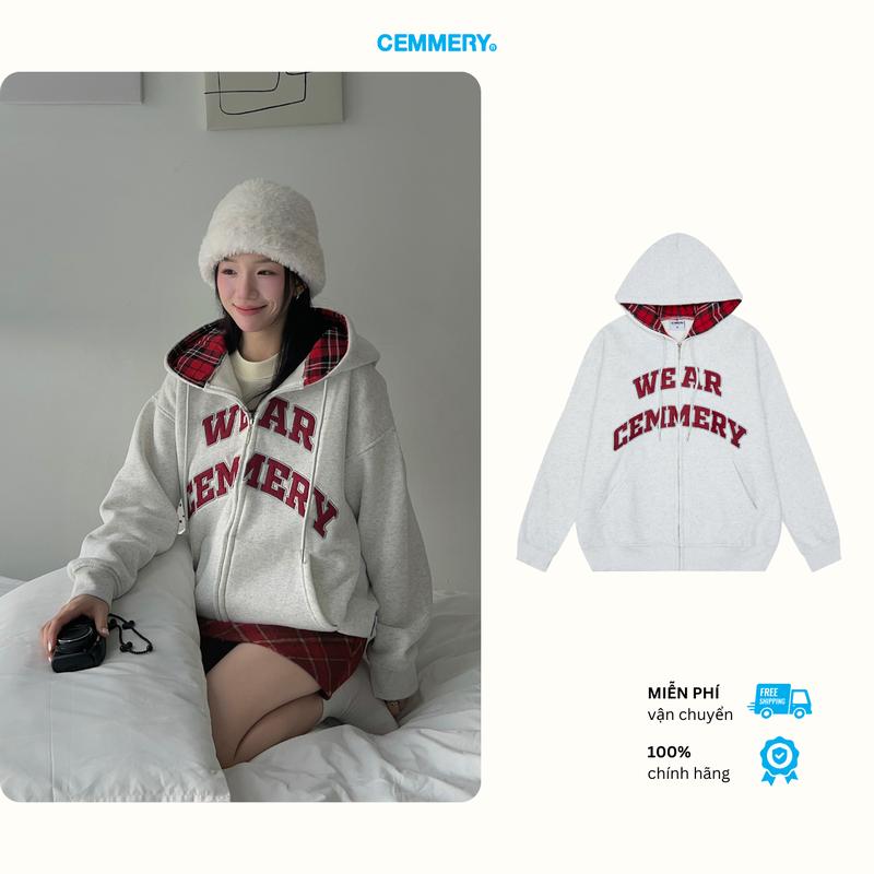  Hoodie CEMMERY Local Brand Chính Hãng Snap Hoodie Zip Áo Nỉ Bông Phối Nón Caro Đỏ Màu Grey 