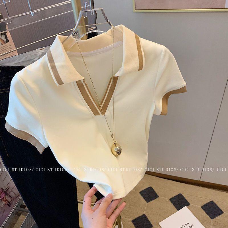 Product Introduction of Pure Hot Girl High Waist Short Design Polo Collar Short Sleeve T-shirt Women's Summer 2024 New T-shirt Top for Women 7