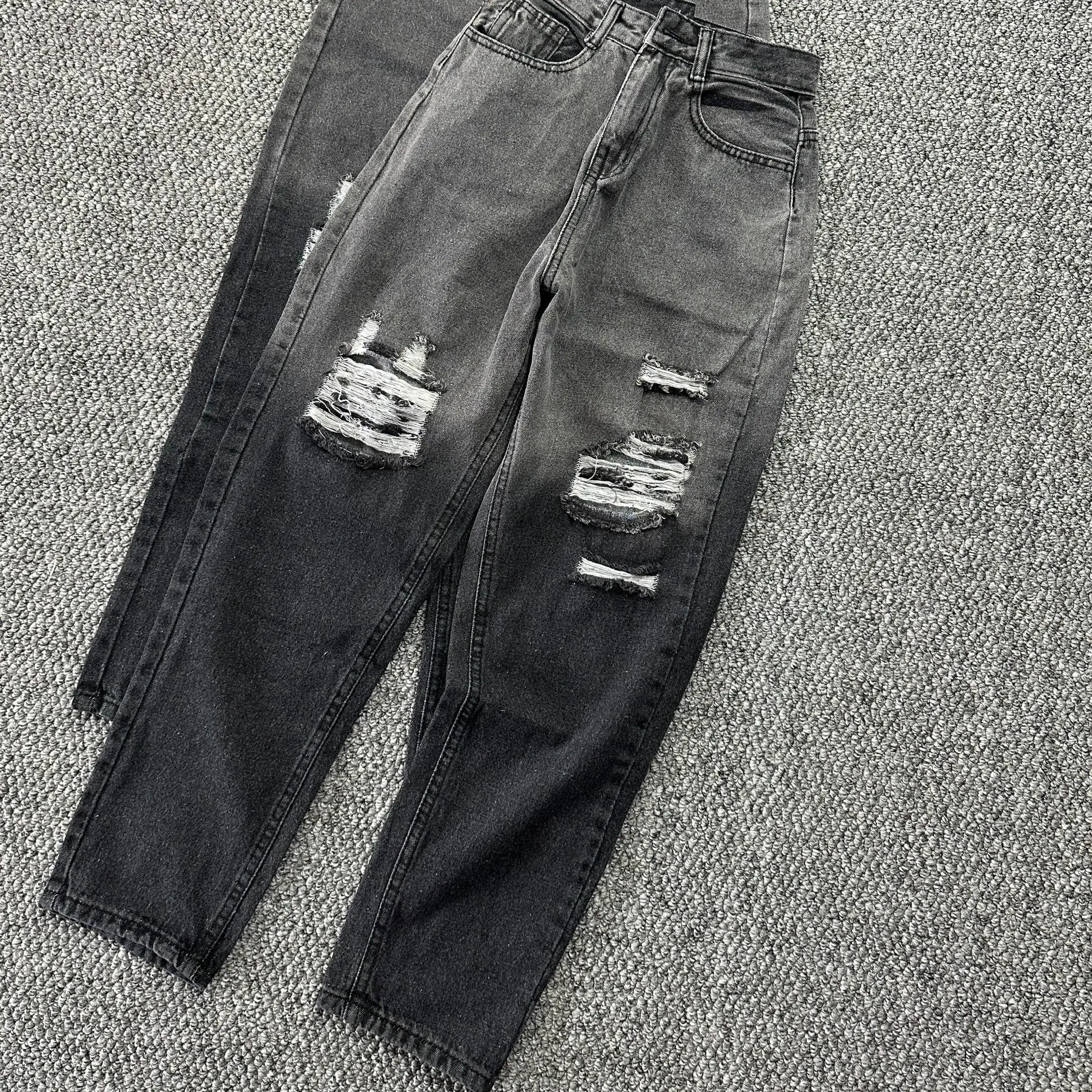 Quần Baggy nữ loang xám rách nhiều Jean Pants Lưng Cao Ong Denim