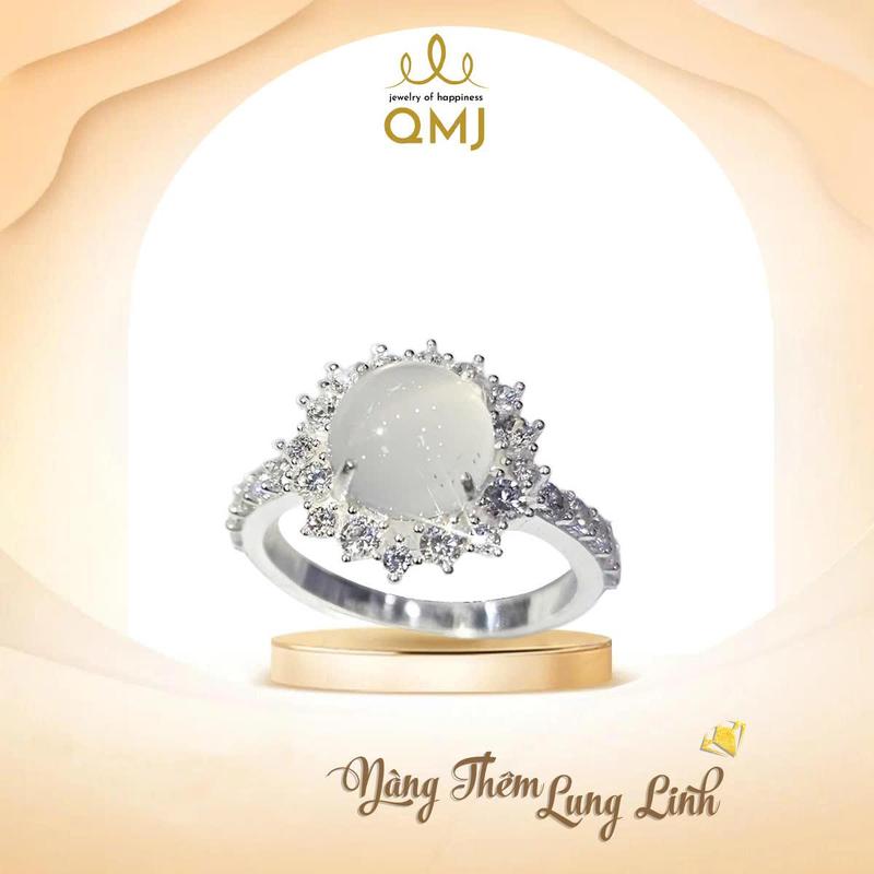 QMJ STORE - Q22 NHẪN HOA TUYẾT BẠCH NGUYỆT QUANG đá mã não trắng bạc 925 cao cấp
